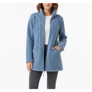 Athleta Teddy Fleece Boucle Blue Nubby Cozy Long Length Full Zip Jacket, Sz S